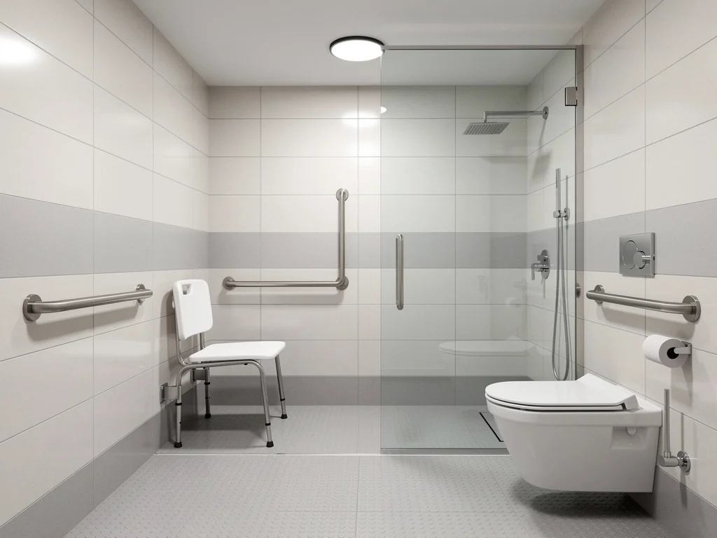 Salle de bain PMR avec siège de douche rabattable et barres d'appui