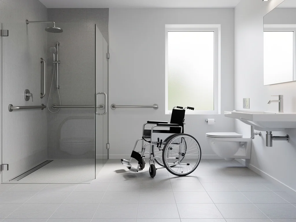 Salle de bain accessible en fauteuil roulant avec large douche ouverte