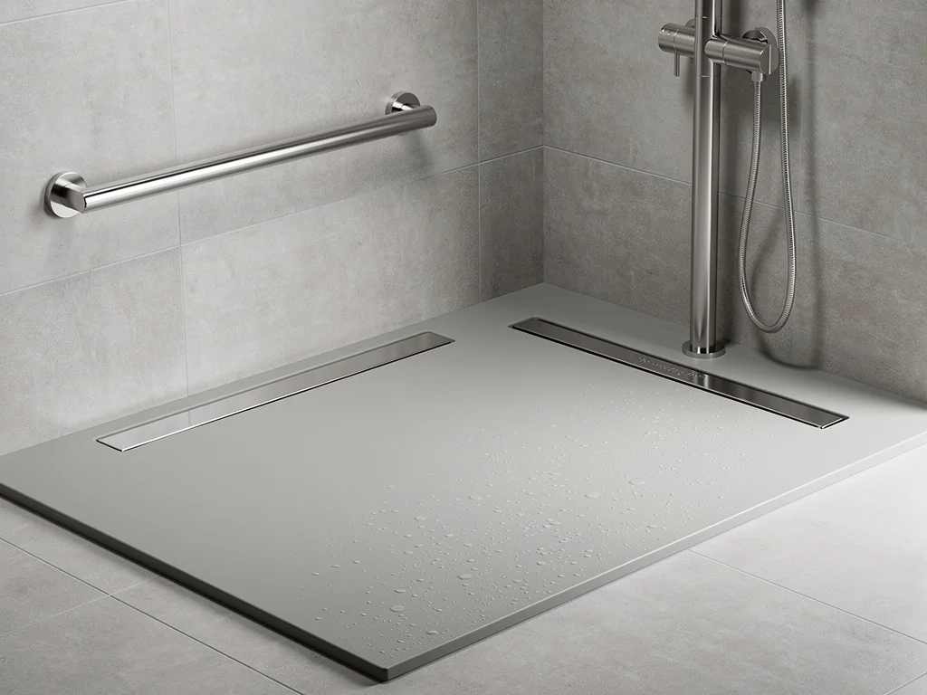Receveur extra-plat en résine avec barre d'appui inox et mitigeur thermostatique